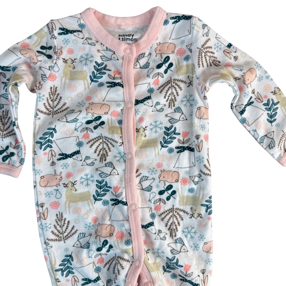 Sandy & Simon Baby Girls 3-6M Footed Pajamas Deer Fox‎ Forest Pink Trim